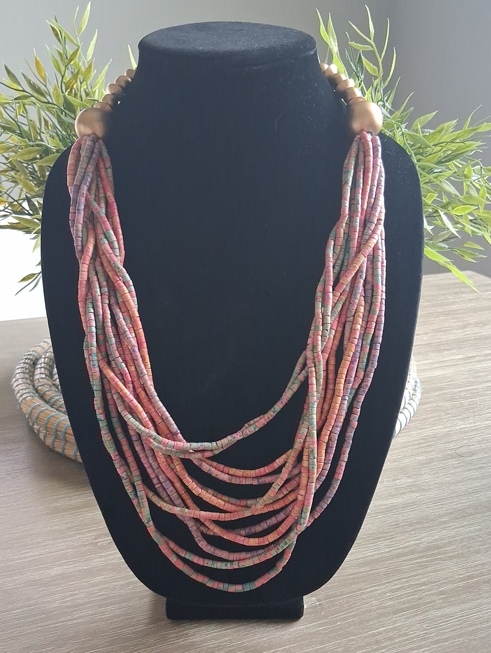 Vintage Multi-Strand Wooden Beaded Boho-Style Necklace